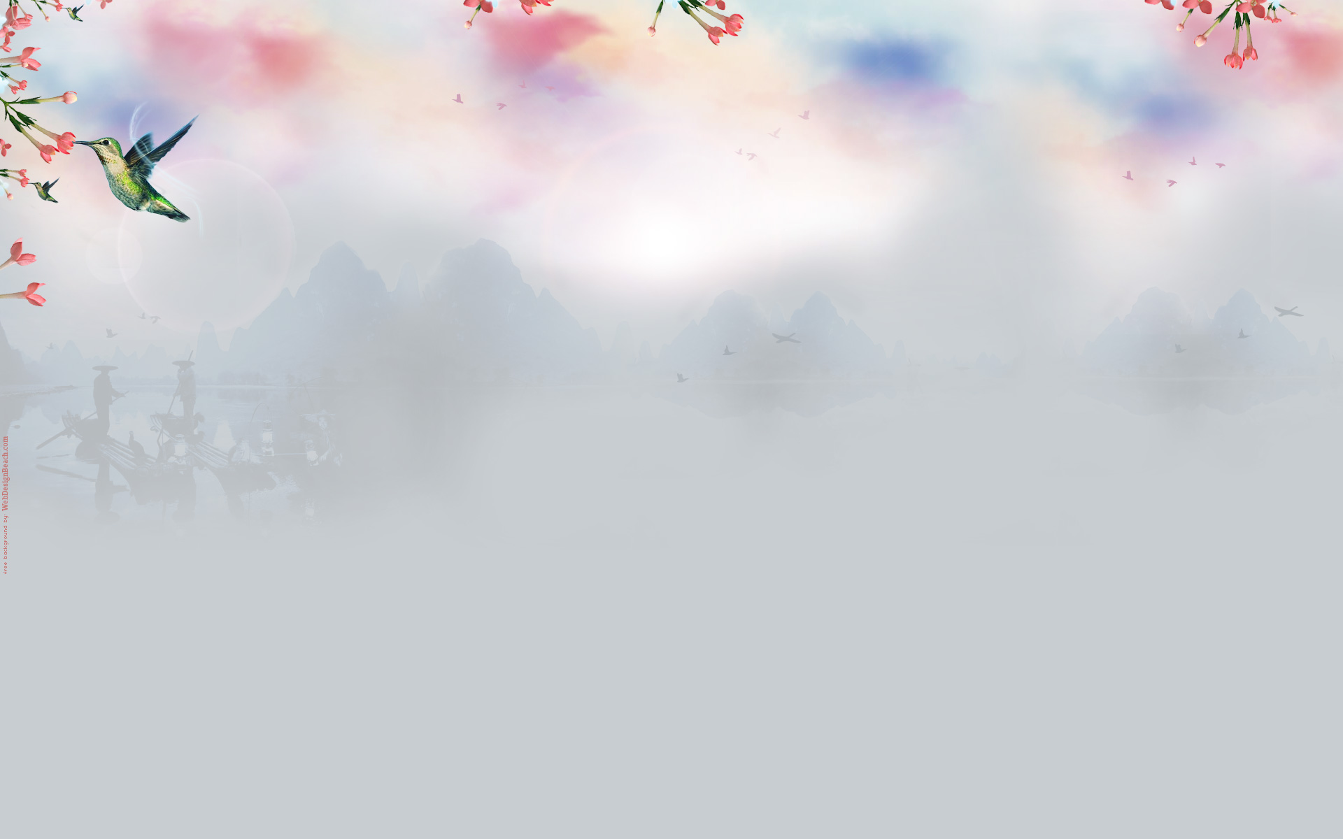 山水风景艳丽花朵与鸟儿中国风ppt背景图片