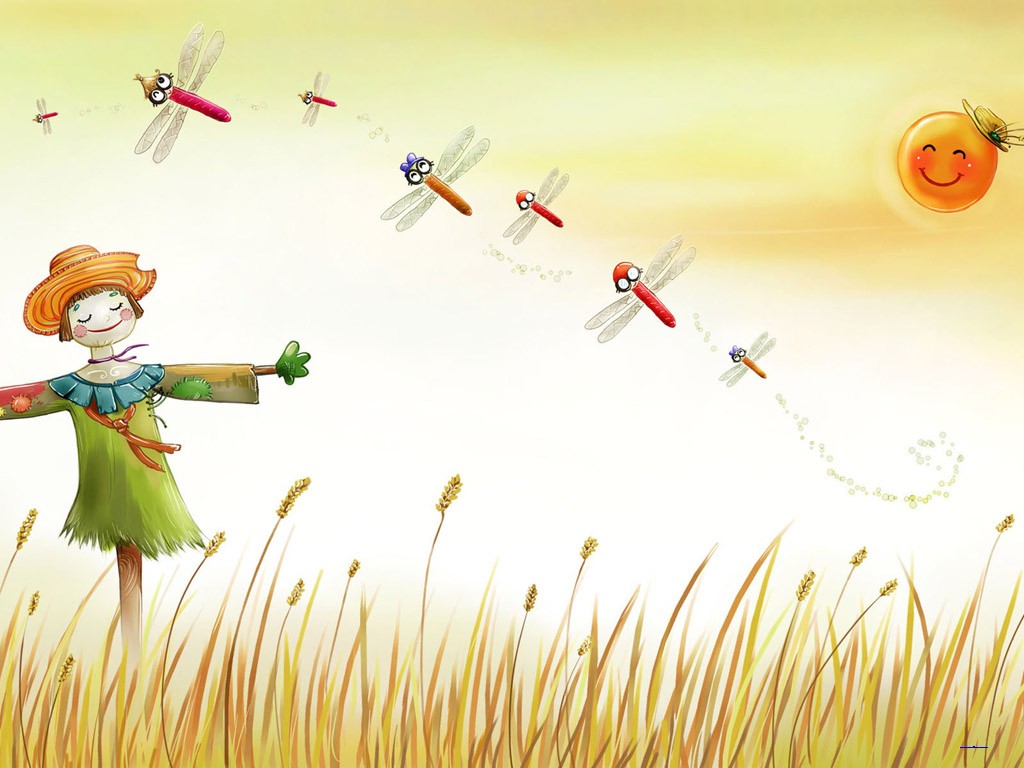 蜻蜓 麦田里开心的稻草人 韩国卡通背景图片