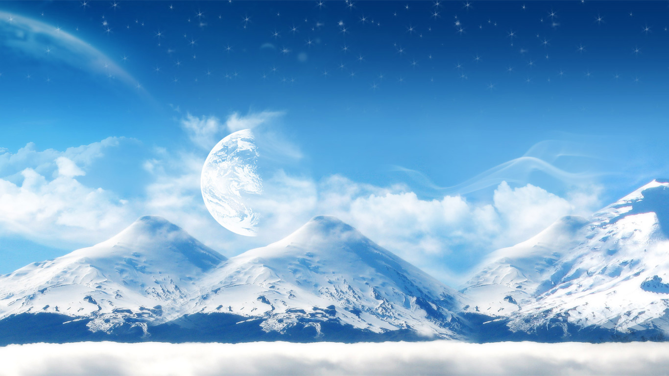 蓝色星空近月雪山雪景ppt背景图片