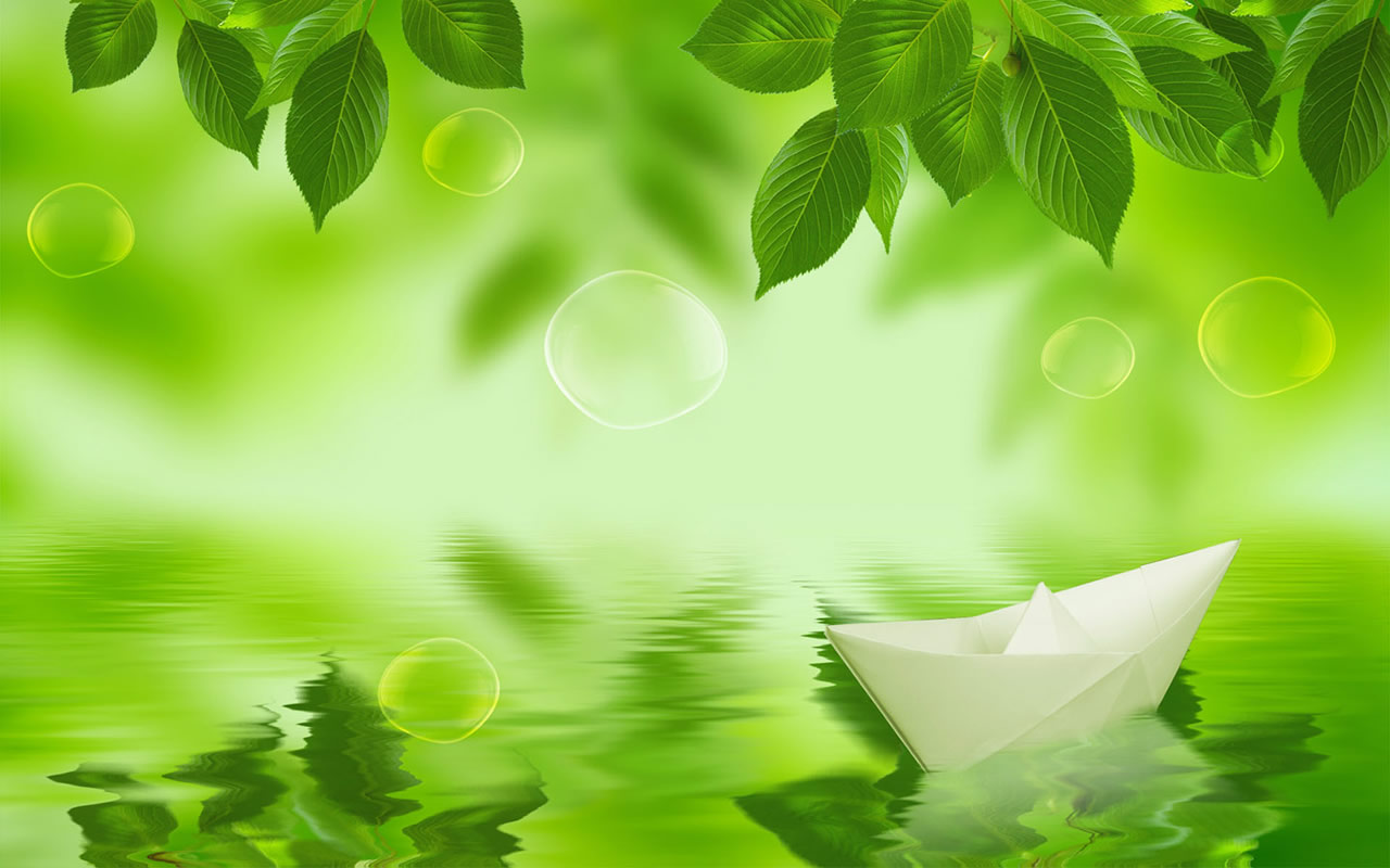绿叶 绿水 纸船 气泡 淡雅绿高清背景