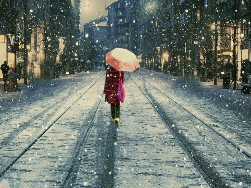 浪漫雪花下的小女孩ppt背景图片